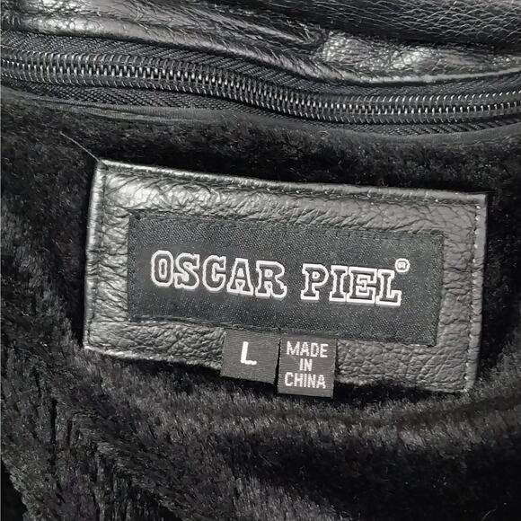 VINTAGE OSCAR PIEL! HOT BLACK GENUINE LEATHER, AMERICA BIKER/MOTO JACKET! SZ L - Picture 10 of 11